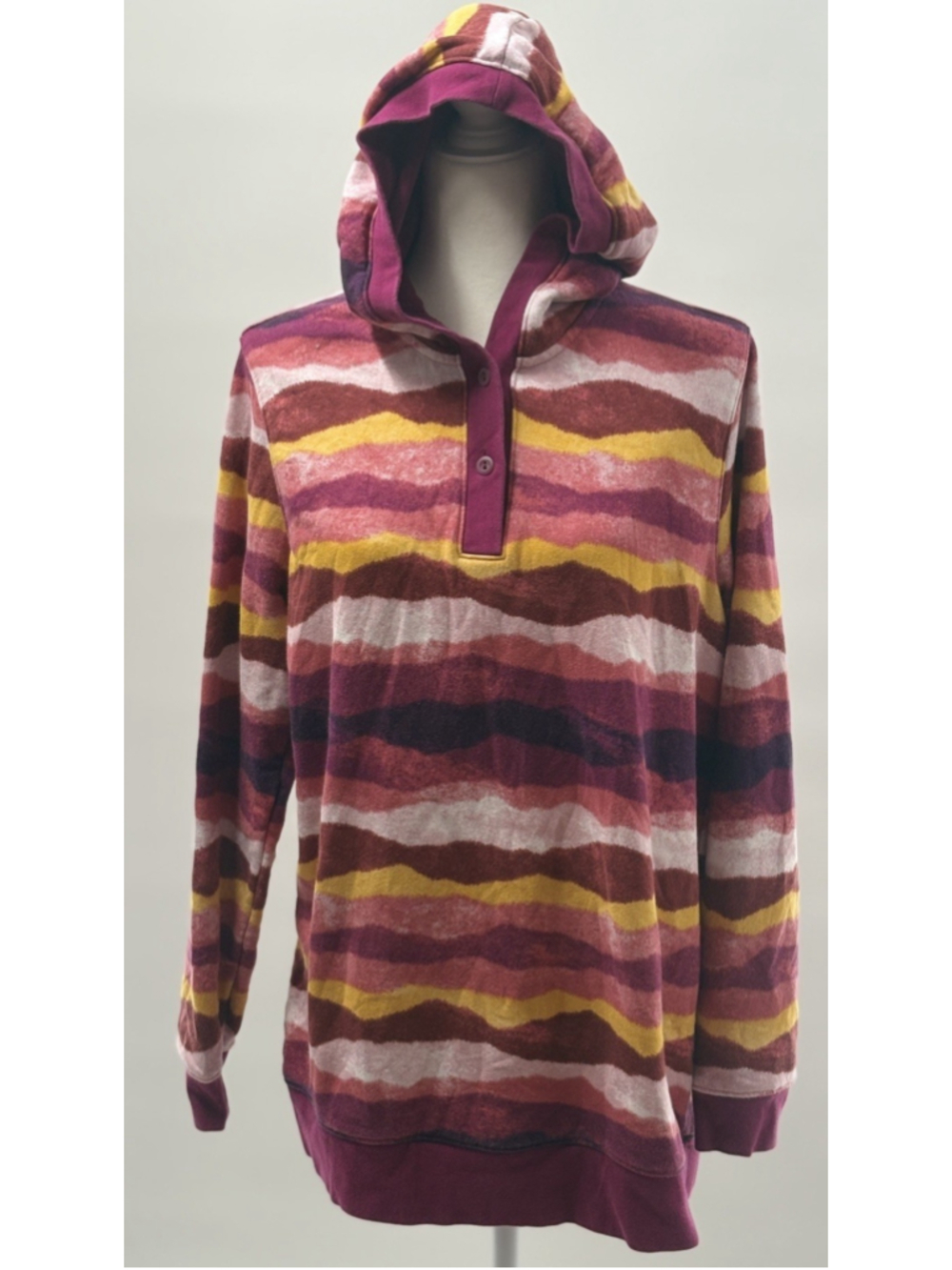 Lands' End Women's L 1416 Serious Sweats Hoodie Blackberry Mountain Stripes Boho